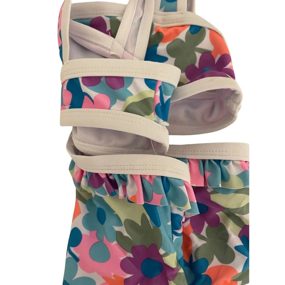 Nicole‎ Miller Floral One Piece Swimsuit Ruffle Trim Cut Out Girls Size 5 New